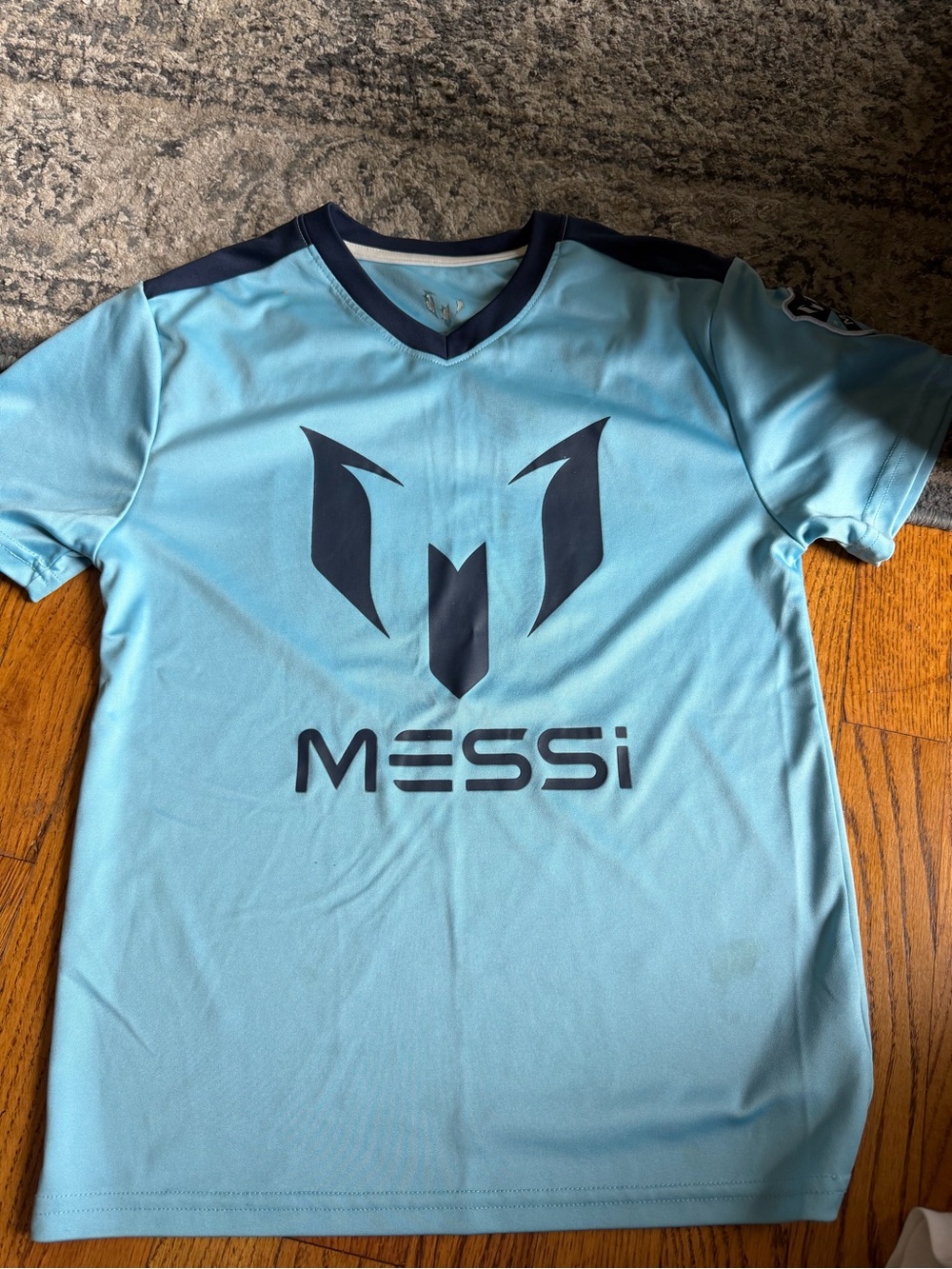 Kids Light Blue Messi Soccer Jersey with Navy Accents